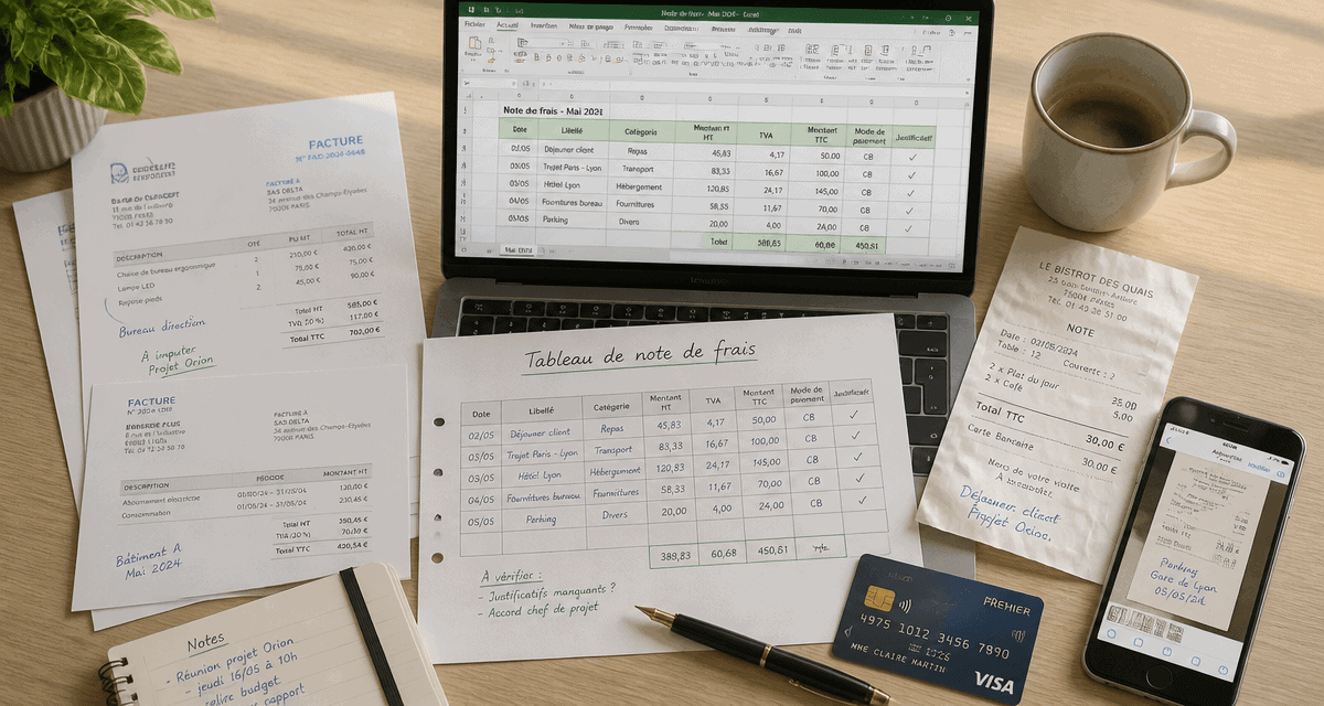 tableau note de frais avec justificatifs et ordinateur