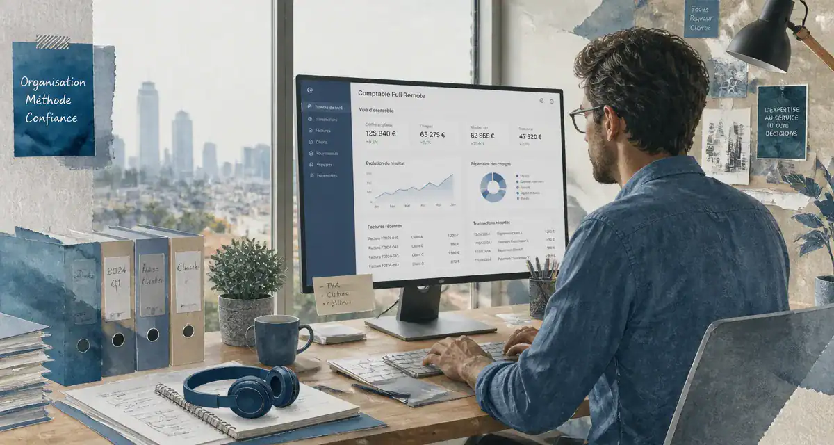 comptable full remote devant écran dans bureau à domicile