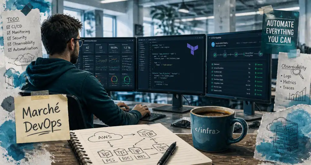 Emploi DevOps ingénieur devant dashboards et pipeline CI/CD