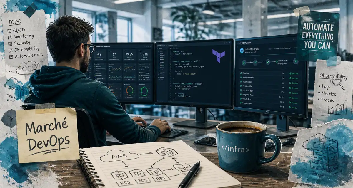 Emploi DevOps ingénieur devant dashboards et pipeline CI/CD