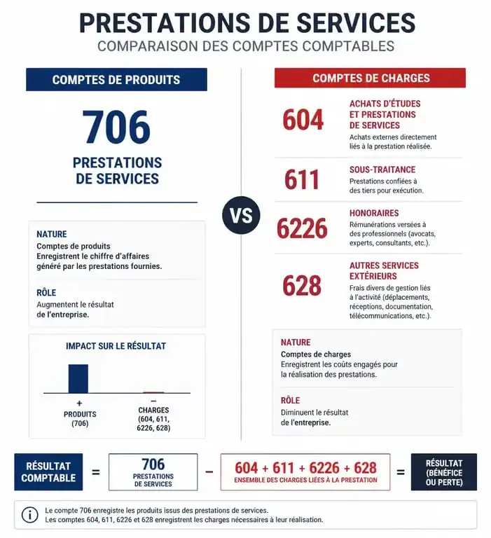 Tableau comparatif des comptes comptables pour une prestation de service : 706 pour les revenus et 604, 611, 622 pour les charges.