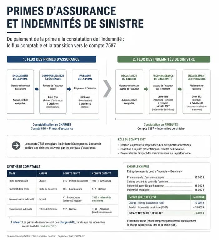 Schéma comptable des primes d'assurance et traitement des indemnités de sinistre selon le Plan Comptable Général