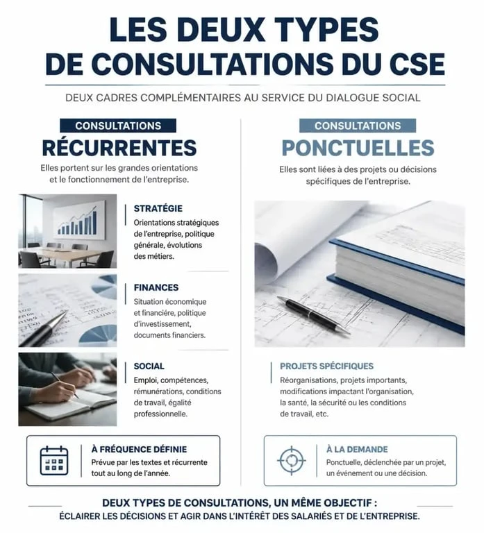 Infographie récapitulative des consultations obligatoires du CSE : récurrentes vs ponctuelles