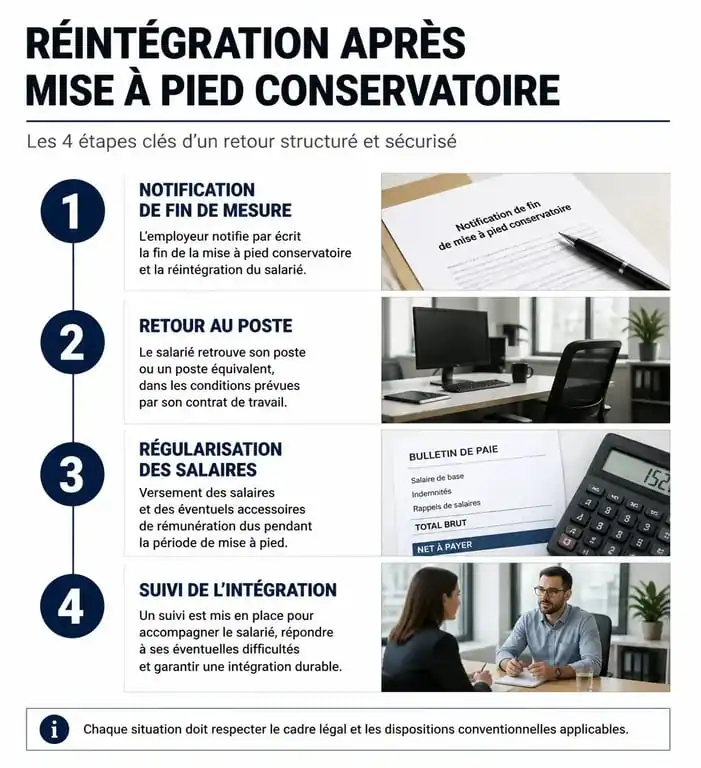 Infographie des étapes de la réintégration suite à une mise à pied conservatoire