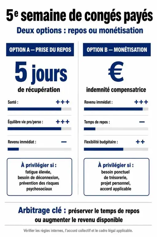 Infographie comparative : prendre sa 5ème semaine de congés payés ou la monétiser