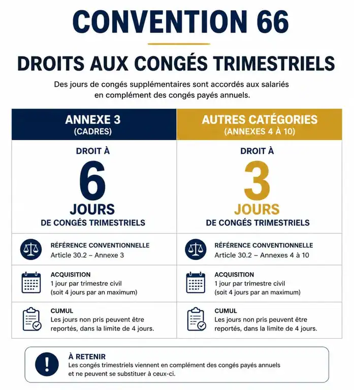 Infographie récapitulative des droits aux congés trimestriels selon la convention 66