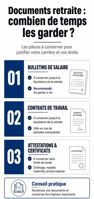 Infographie sur la conservation des bulletins de salaire après la retraite