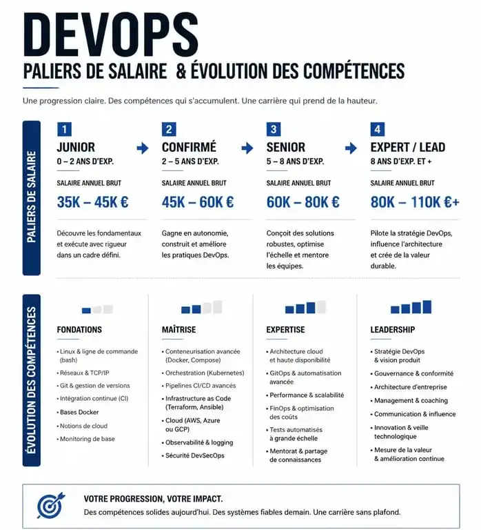 Infographie des salaires et compétences pour un emploi DevOps, montrant l'évolution de carrière de junior à senior.