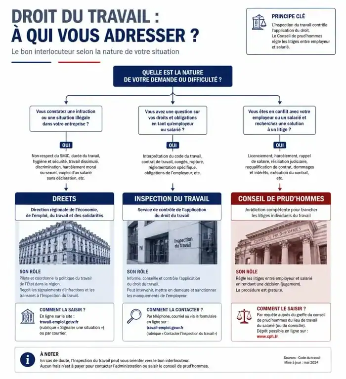 Infographie décisionnelle : qui contacter en cas de litige en droit du travail