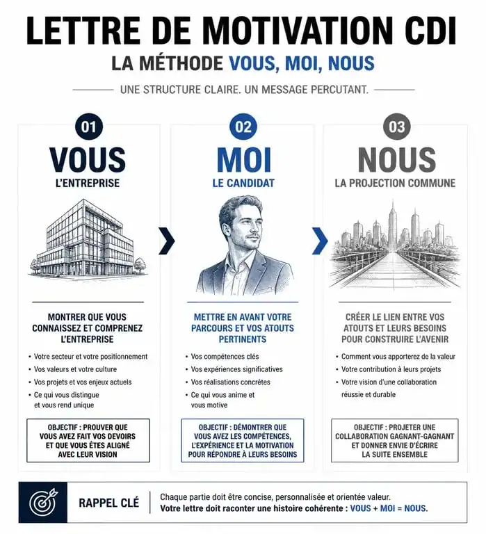 Infographie illustrant la structure idéale d'une lettre de motivation CDI avec la méthode Vous, Moi, Nous