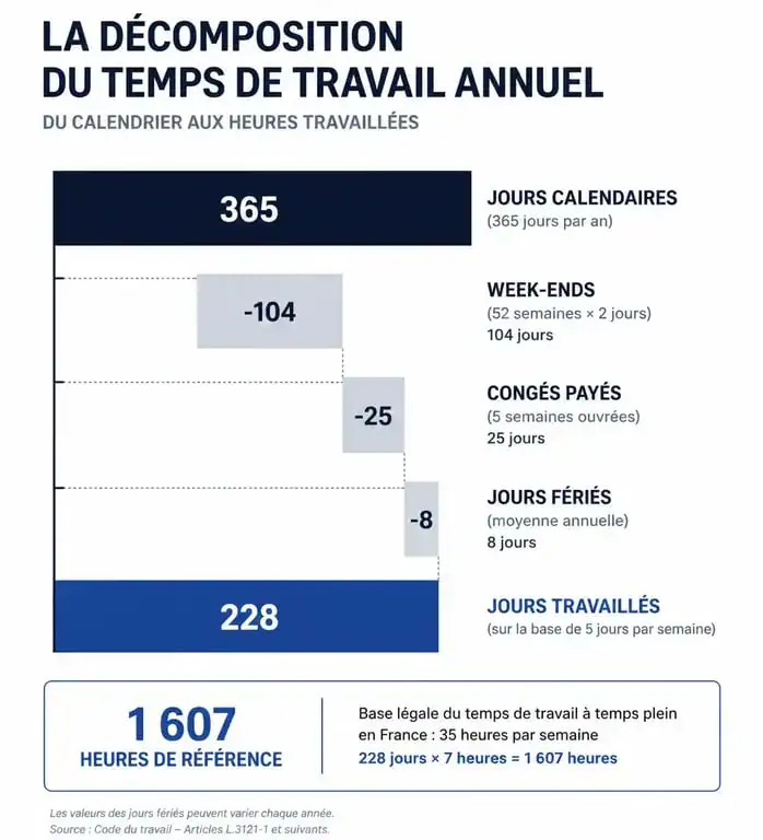 Infographie explicative du calcul du nombre de jours travaillés par an pour un contrat de 35 heures