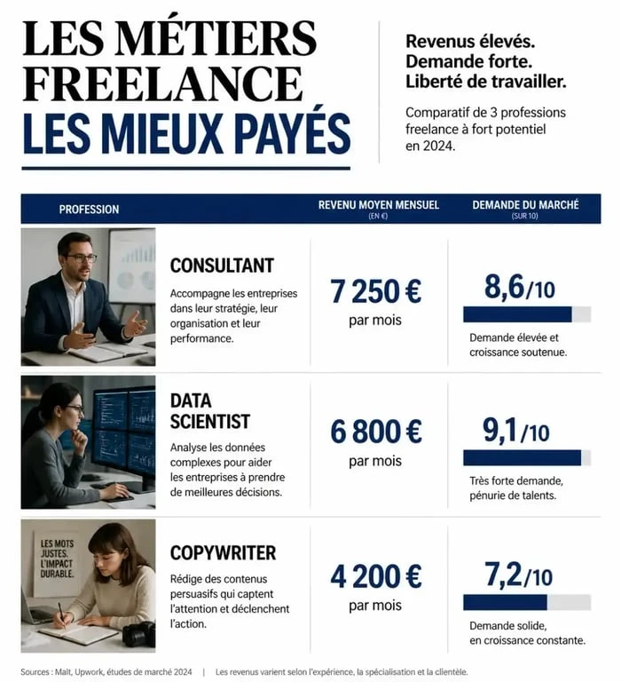 Infographie des métiers à son compte qui payent bien : revenus et demande du marché pour les freelances