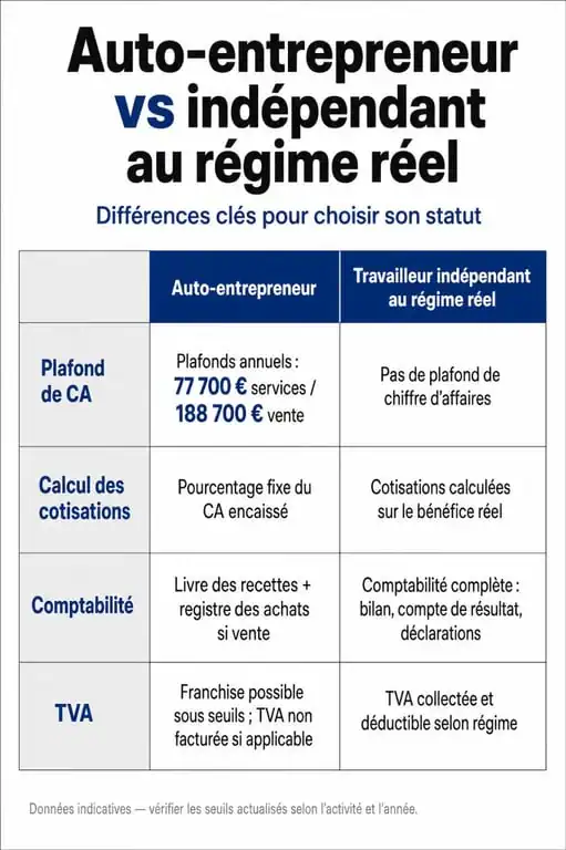 Tableau comparatif entre travailleur indépendant et auto-entrepreneur pour choisir son statut juridique