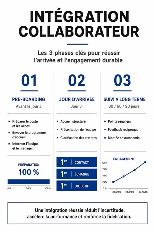 Infographie des 3 étapes clés pour réussir l'intégration entreprise d'un nouveau collaborateur
