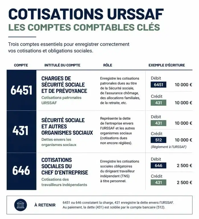 Schéma récapitulatif des comptes comptables URSSAF pour la saisie des cotisations sociales