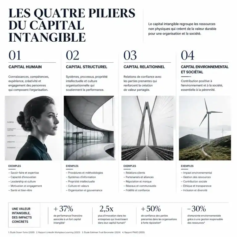 Infographie des quatre piliers du capital immatériel en entreprise