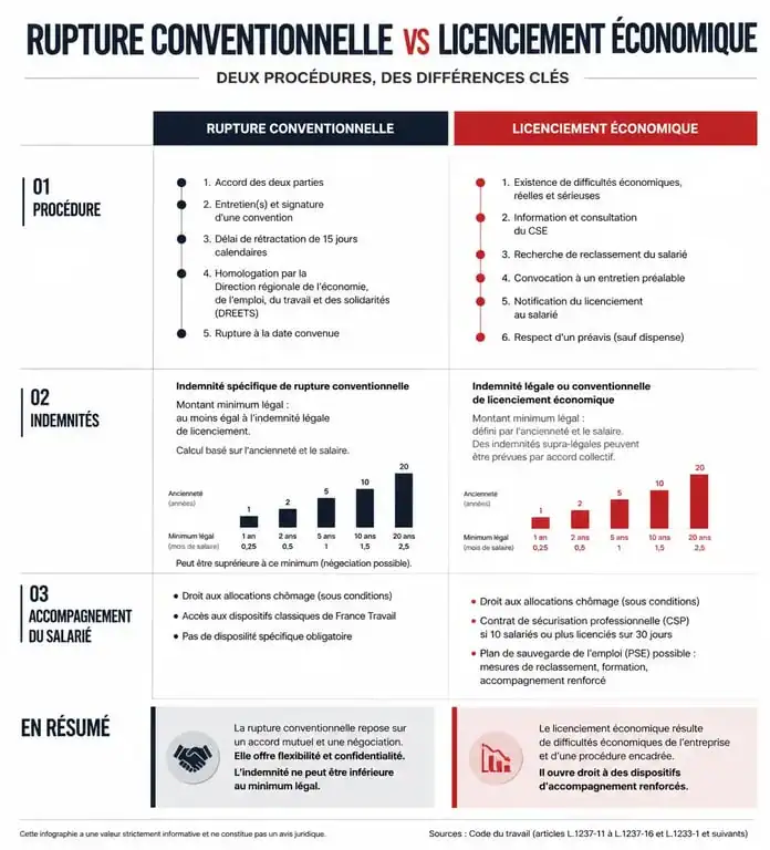 Tableau comparatif des différences entre rupture conventionnelle et licenciement économique pour les salariés