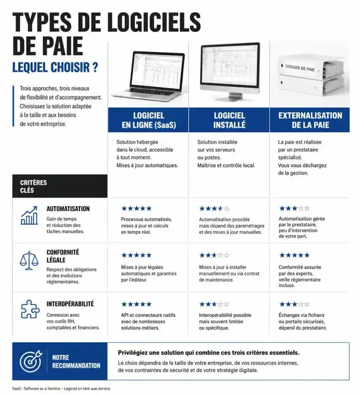 Infographie comparative des critères pour choisir le meilleur logiciel de paie pour entreprise