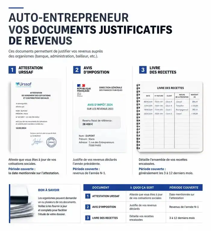 Documents justificatifs de revenus pour auto-entrepreneur : attestation URSSAF et avis d'imposition