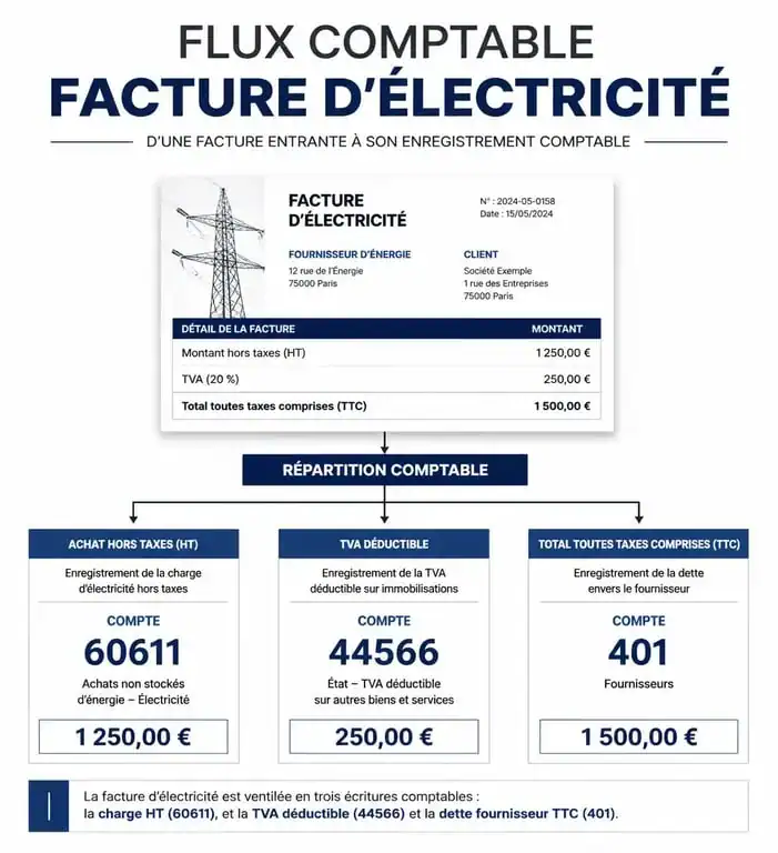 Schéma du flux comptable pour l'enregistrement d'une facture d'électricité dans le compte comptable électricité