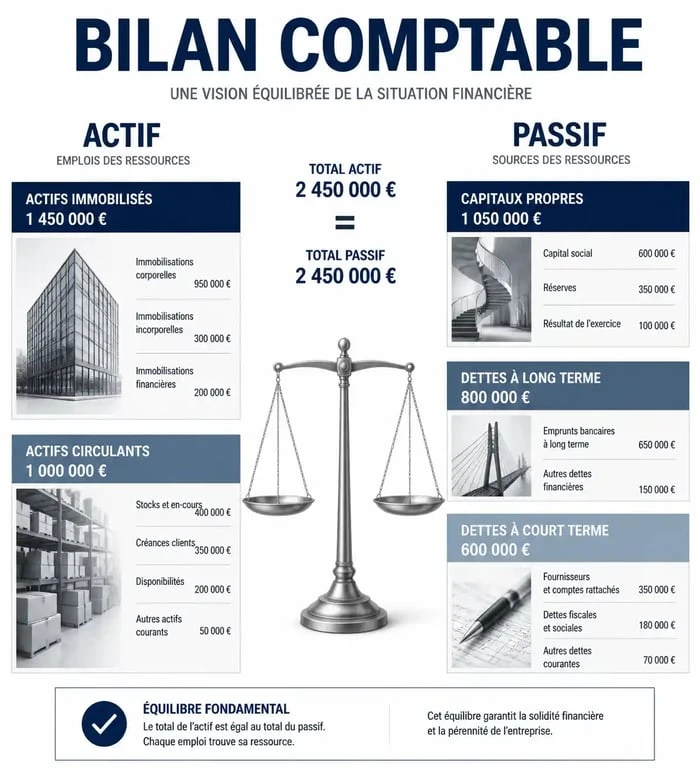 Schéma de la structure d'un bilan comptable pour apprendre comment analyser un bilan comptable