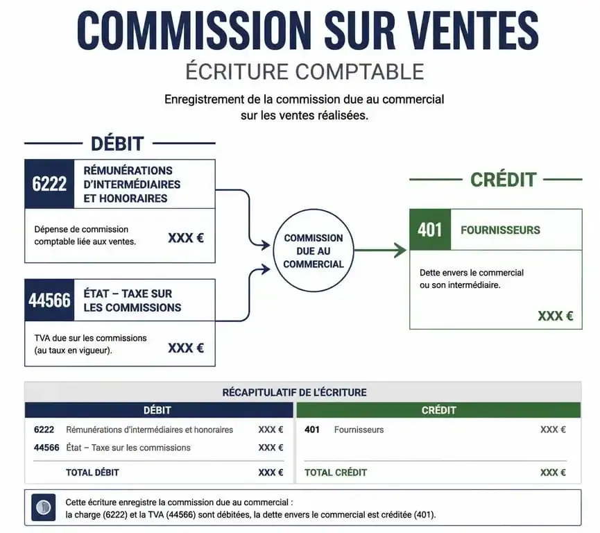 Schéma comptable de l'enregistrement d'une commission sur vente dans le compte 6222