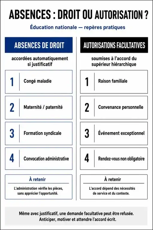 Infographie comparative des autorisations d'absence dans l'Éducation nationale : absences de droit versus autorisations facultatives