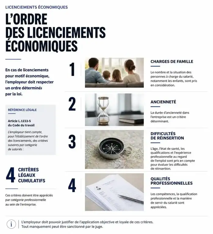 Infographie des 4 critères légaux pour l'ordre des licenciements économiques