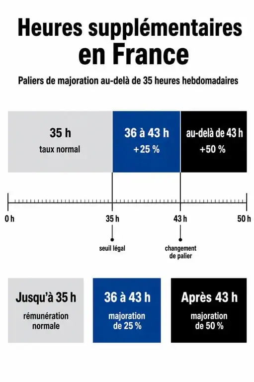 Tableau des seuils de majoration pour le calcul des heures supplémentaires en France