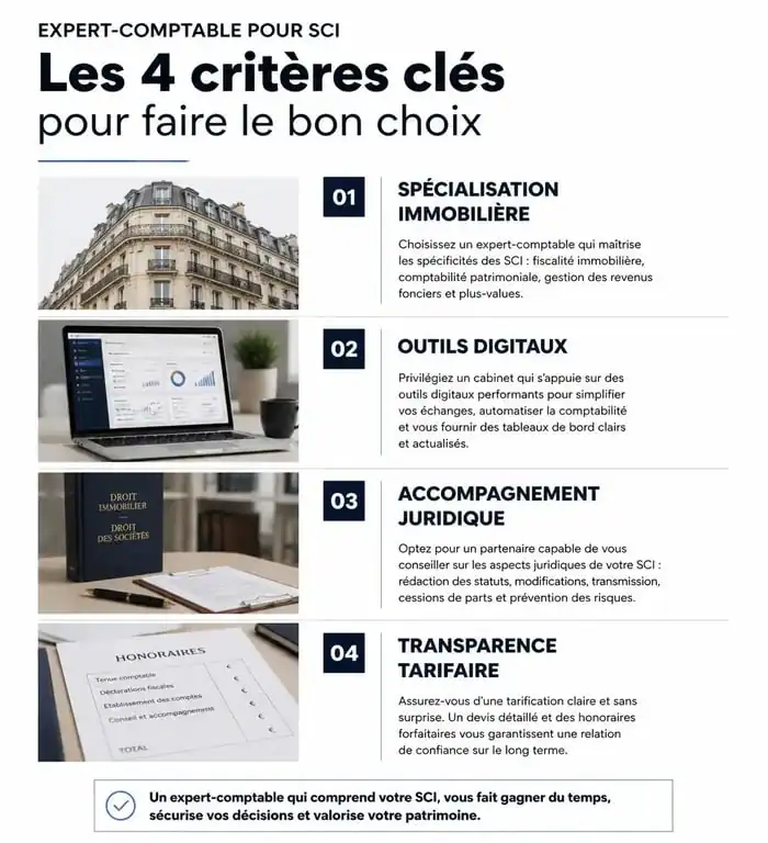 Infographie des critères de choix d'un expert-comptable pour SCI