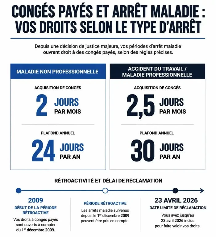 Infographie récapitulative des droits aux congés payés en arrêt maladie et rétroactivité