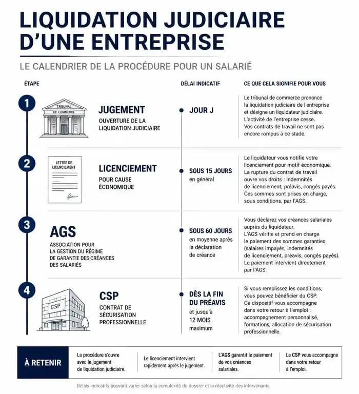 Infographie des étapes du licenciement et des droits des salariés lors d'une liquidation judiciaire