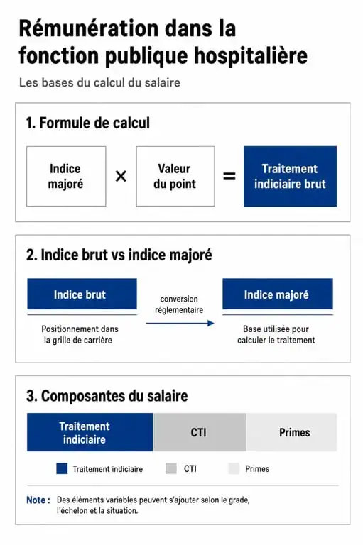 Infographie explicative de la grille de salaire dans la fonction publique hospitalière et calcul du traitement brut