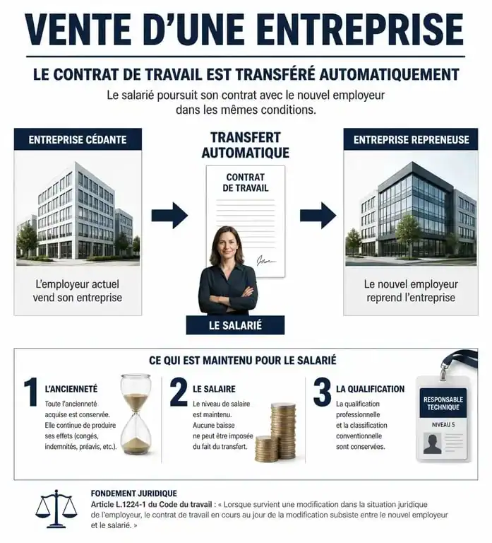 Infographie sur les droits des salariés en cas de vente d'entreprise et transfert de contrat
