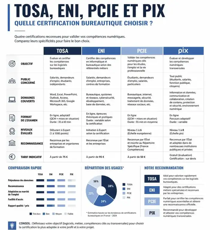 Infographie comparative des certifications bureautiques pour valider ses compétences bureautique