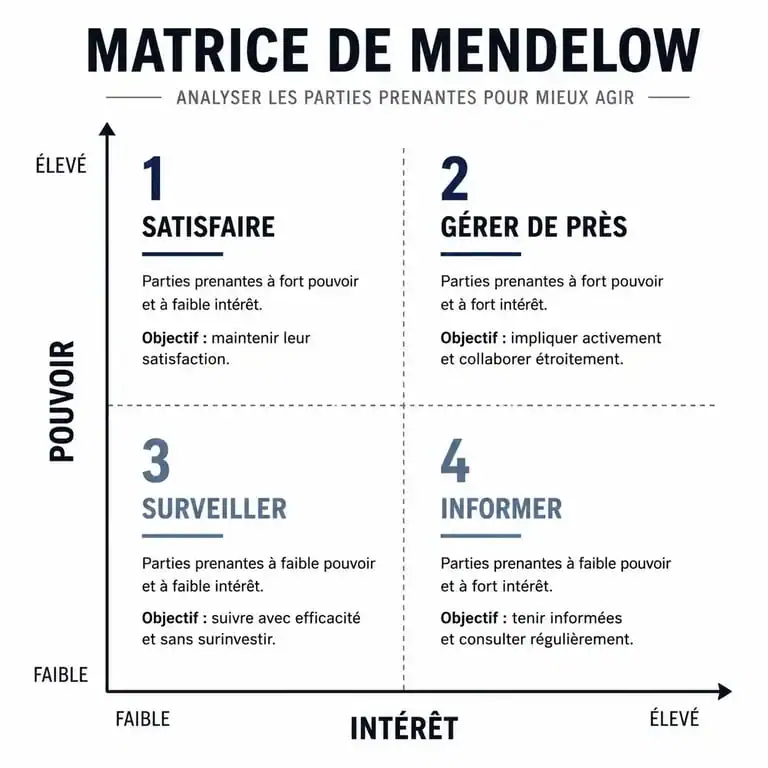 Matrice de Mendelow pour la gestion des parties prenantes : axes pouvoir et intérêt