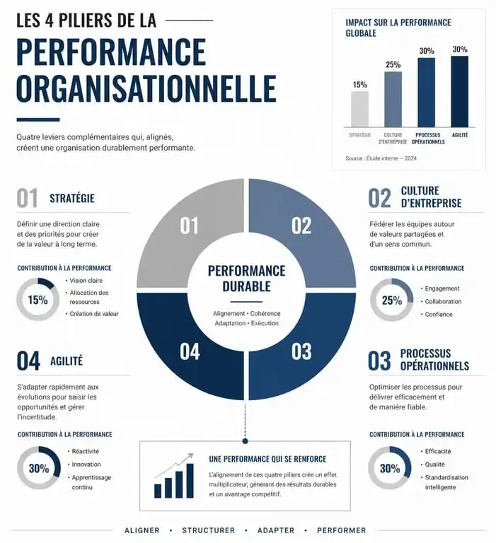 Infographie des piliers de la performance organisationnelle : stratégie, culture, processus et agilité.