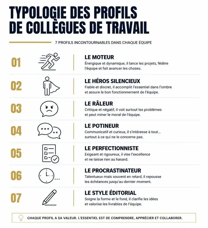 Infographie sur les différents types de collègues de travail et comment collaborer avec eux