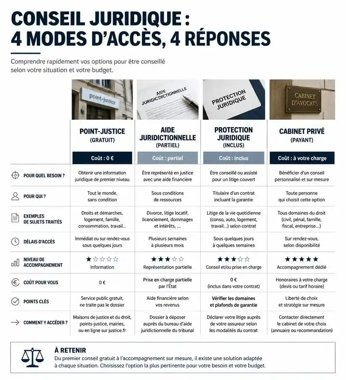 Infographie comparant les prix et modes d'accès au conseil juridique : Point-Justice, Aide Juridictionnelle, Protection Juridique et honoraires d'avocat.