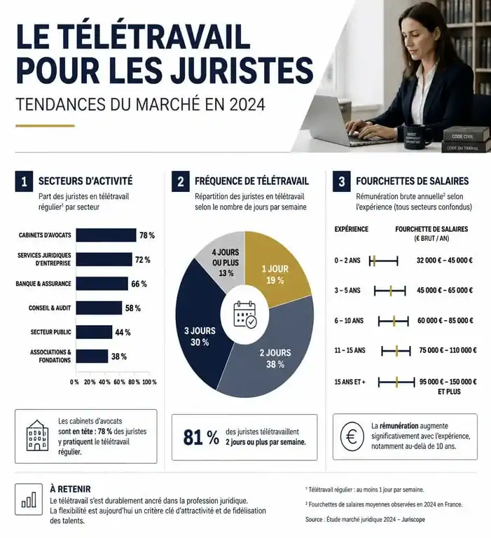 Infographie des tendances du télétravail pour juriste : salaires et modalités par secteur