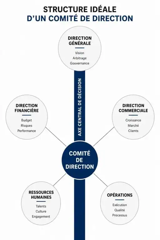 Schéma de la composition idéale d'un comité de direction (CODIR) et ses fonctions clés