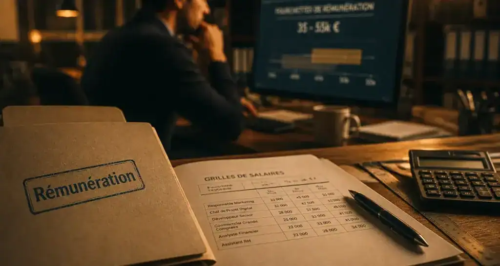 Salaire d'un manager : bureau RH et graphique 35–55k €