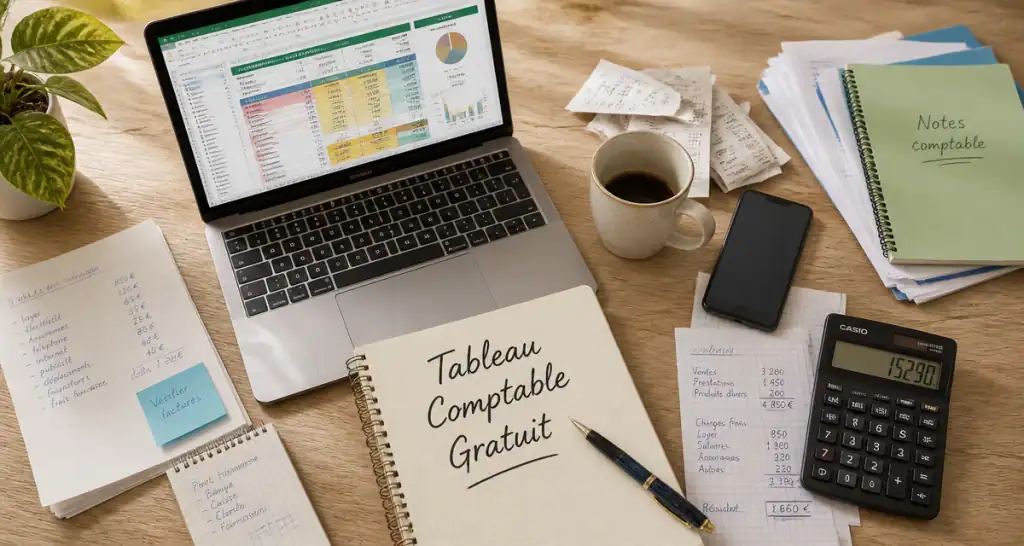 tableau comptable excel gratuit sur bureau avec ordinateur et carnet