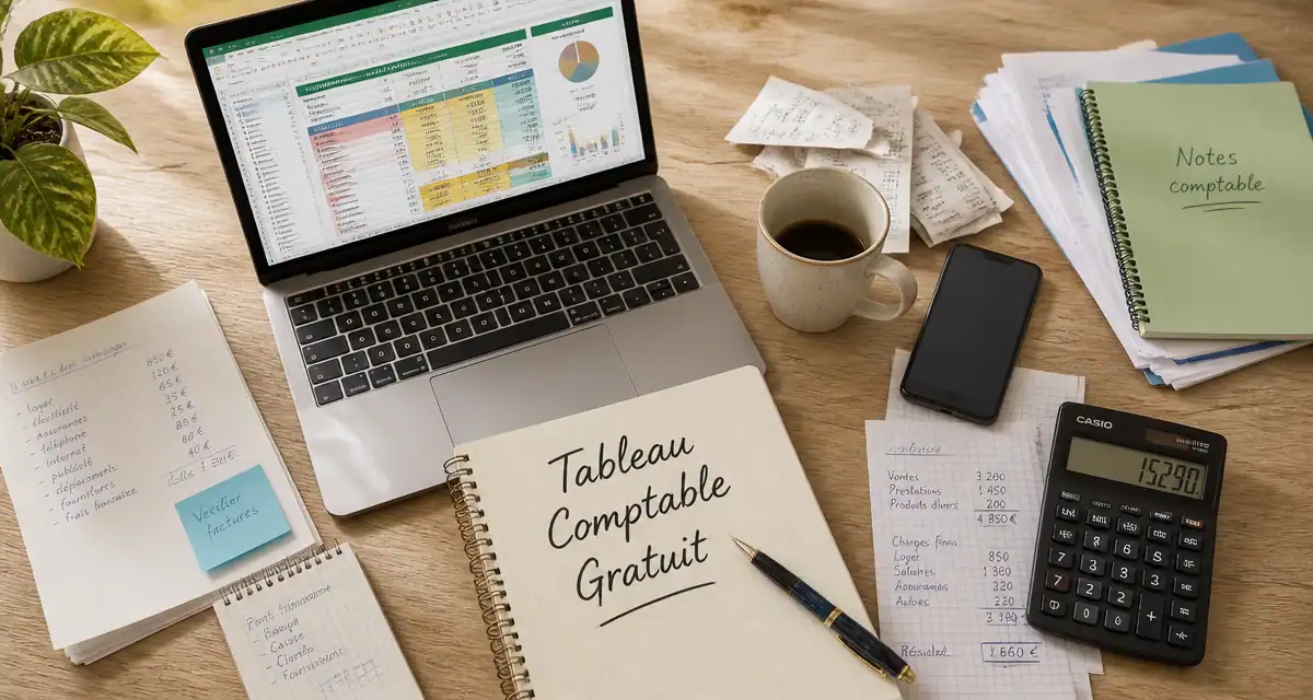 tableau comptable excel gratuit sur bureau avec ordinateur et carnet