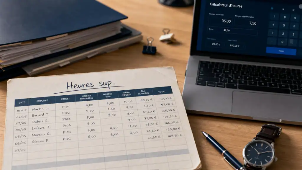 Tableau heures supplémentaires pour calcul et taux, modèle Excel