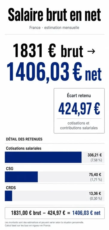 1831 brut en net : infographie du passage de 1831 € brut à 1406,03 € net avec détail des cotisations