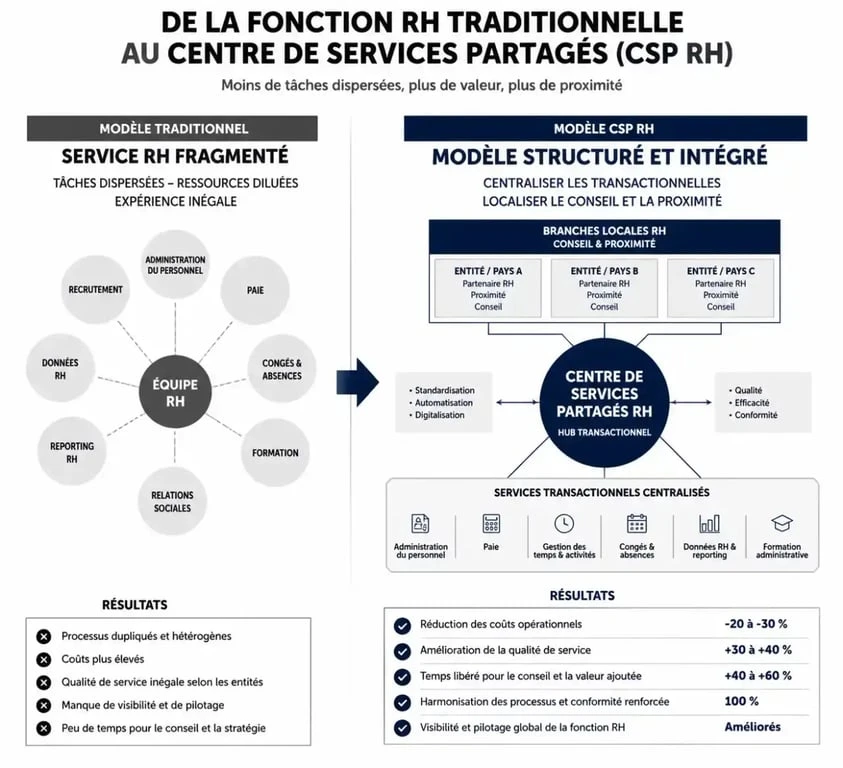 Schéma illustrant le fonctionnement et la structure d'un Centre de Services Partagés RH (CSP RH) en entreprise