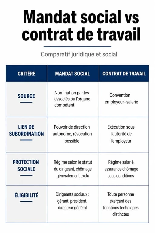 Infographie comparative entre mandat social et contrat de travail pour les dirigeants d'entreprise
