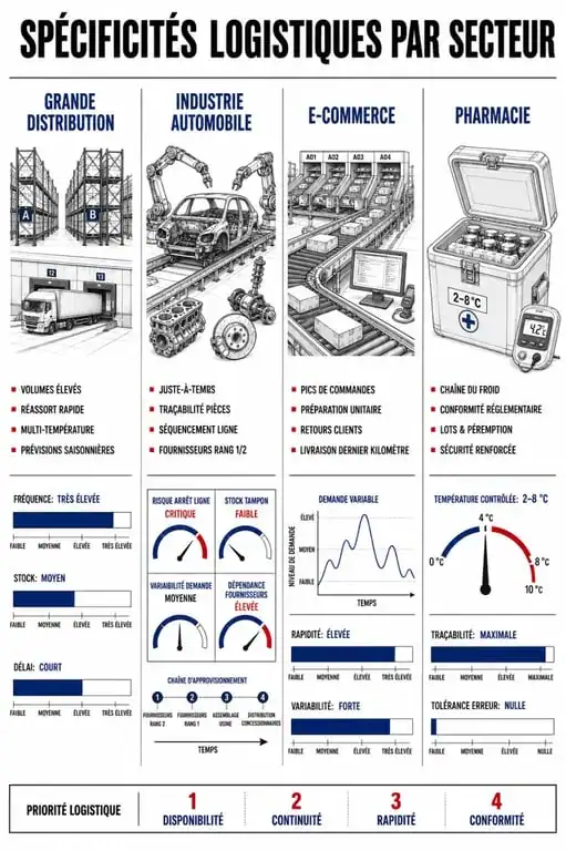 Infographie des spécificités du métier de logisticien par secteur d'activité