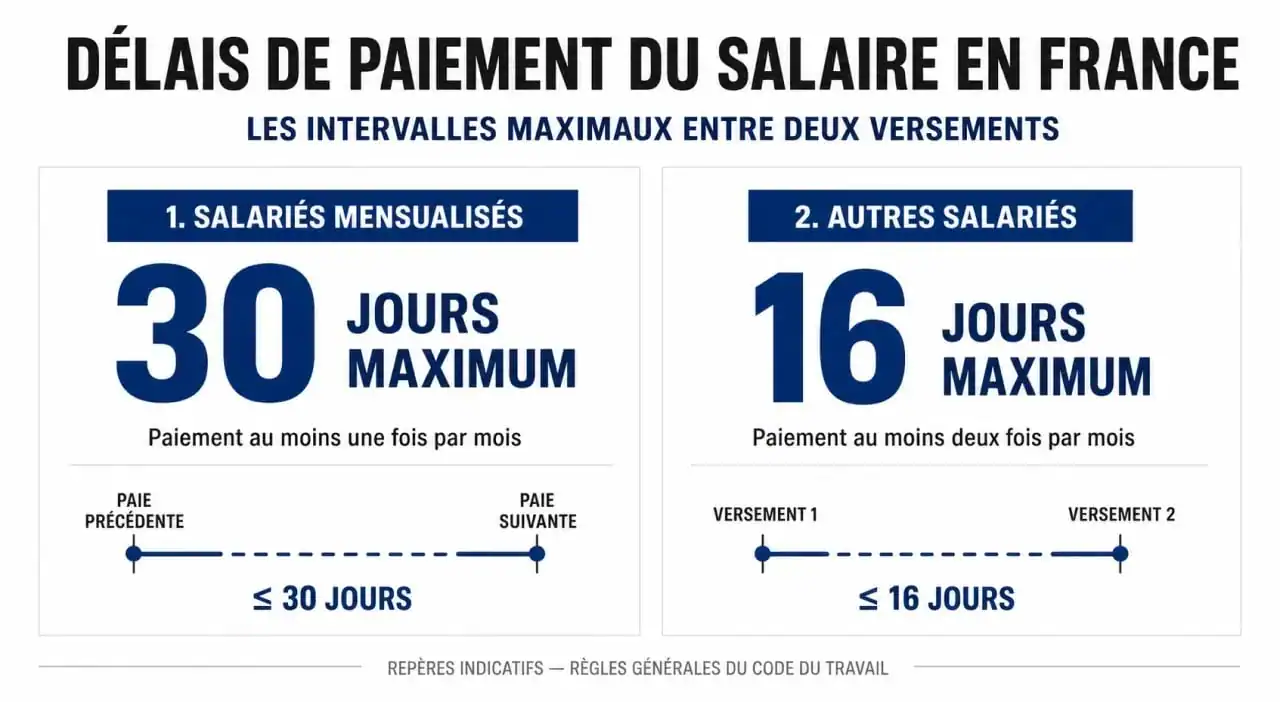 Infographie sur la date limite de paiement du salaire et les délais légaux en France